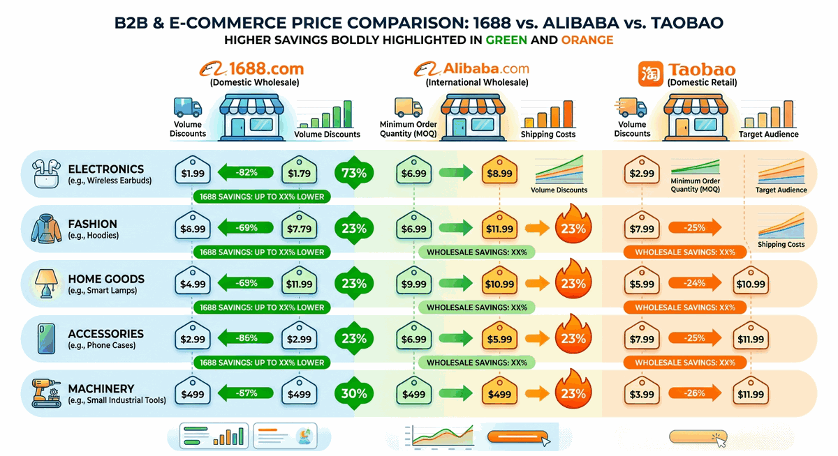 เปรียบเทียบราคาระหว่าง 1688 vs Alibaba vs Taobao พร้อมเปอร์เซ็นต์การประหยัด