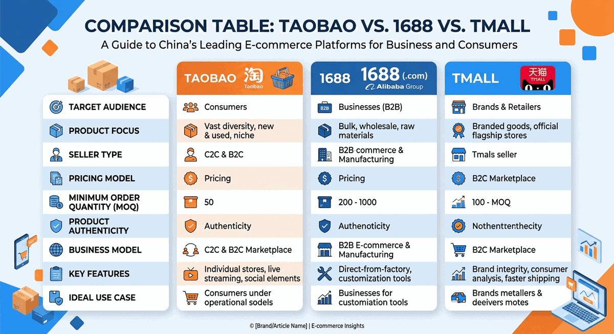 Taobao 1688 Tmall comparison table
