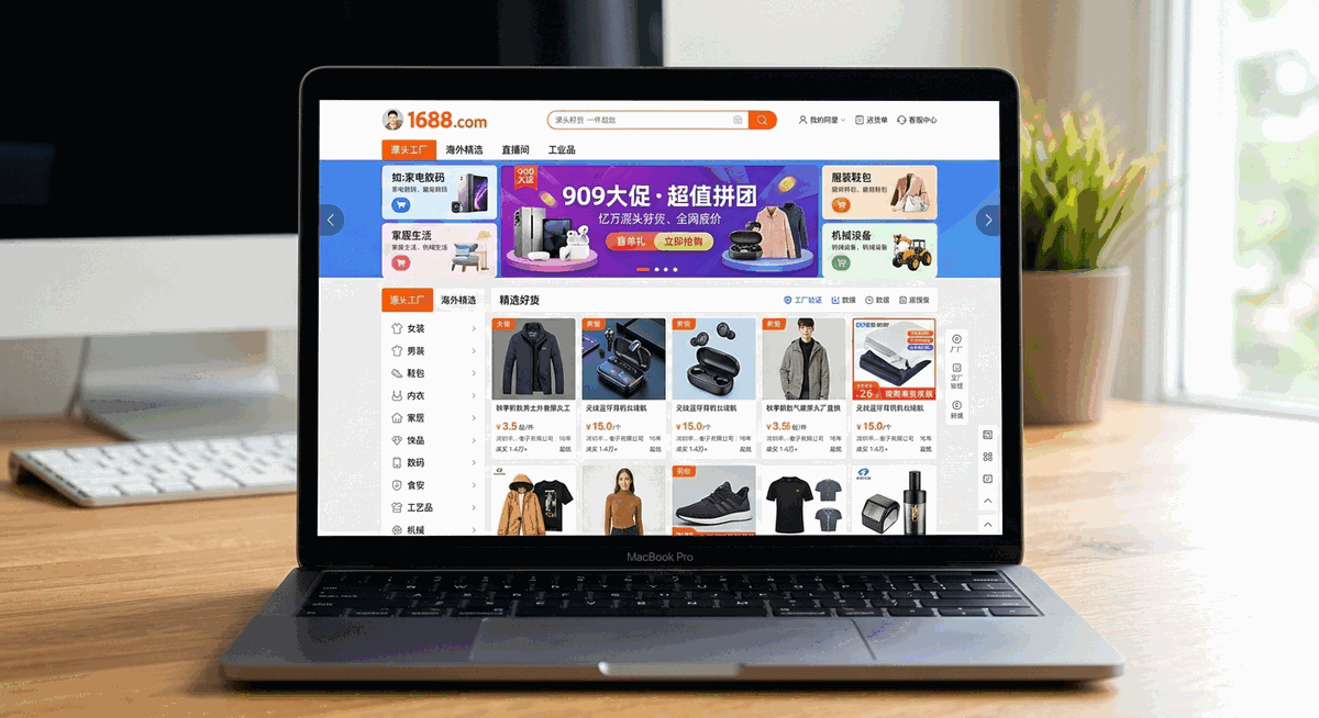 หน้าจอเว็บไซต์ 1688.com แสดงหมวดหมู่สินค้าและโปรโมชันภาษาจีน