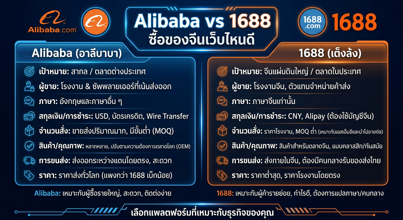 Alibaba vs 1688 comparison infographic - Alibaba.com and 1688 logos on opposite sides