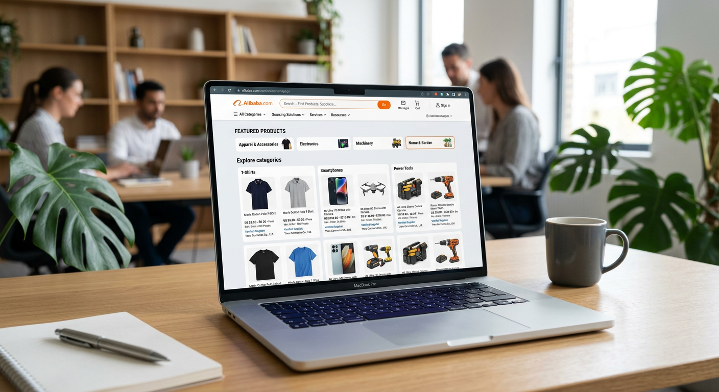 Alibaba.com website interface on laptop showing product catalog