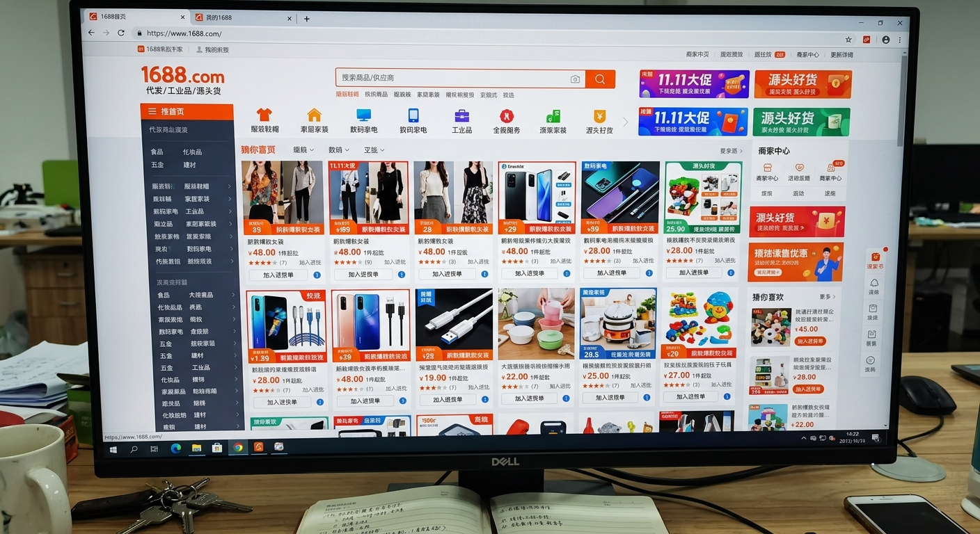 1688.com homepage showing Chinese marketplace interface with colorful product listings