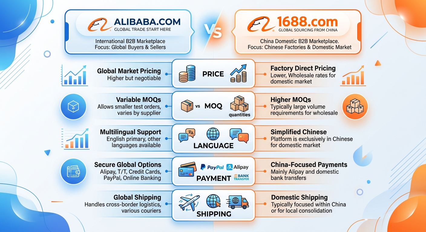 Alibaba vs 1688 comparison infographic with 5 criteria - Price MOQ Language Payment Shipping
