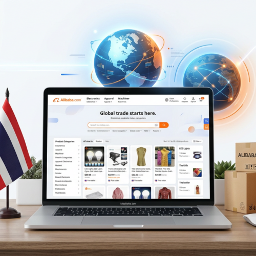 Hero image: Alibaba website interface with Thailand shipping concept