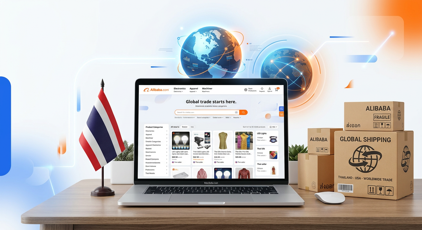 Hero image: Alibaba website interface with Thailand shipping concept