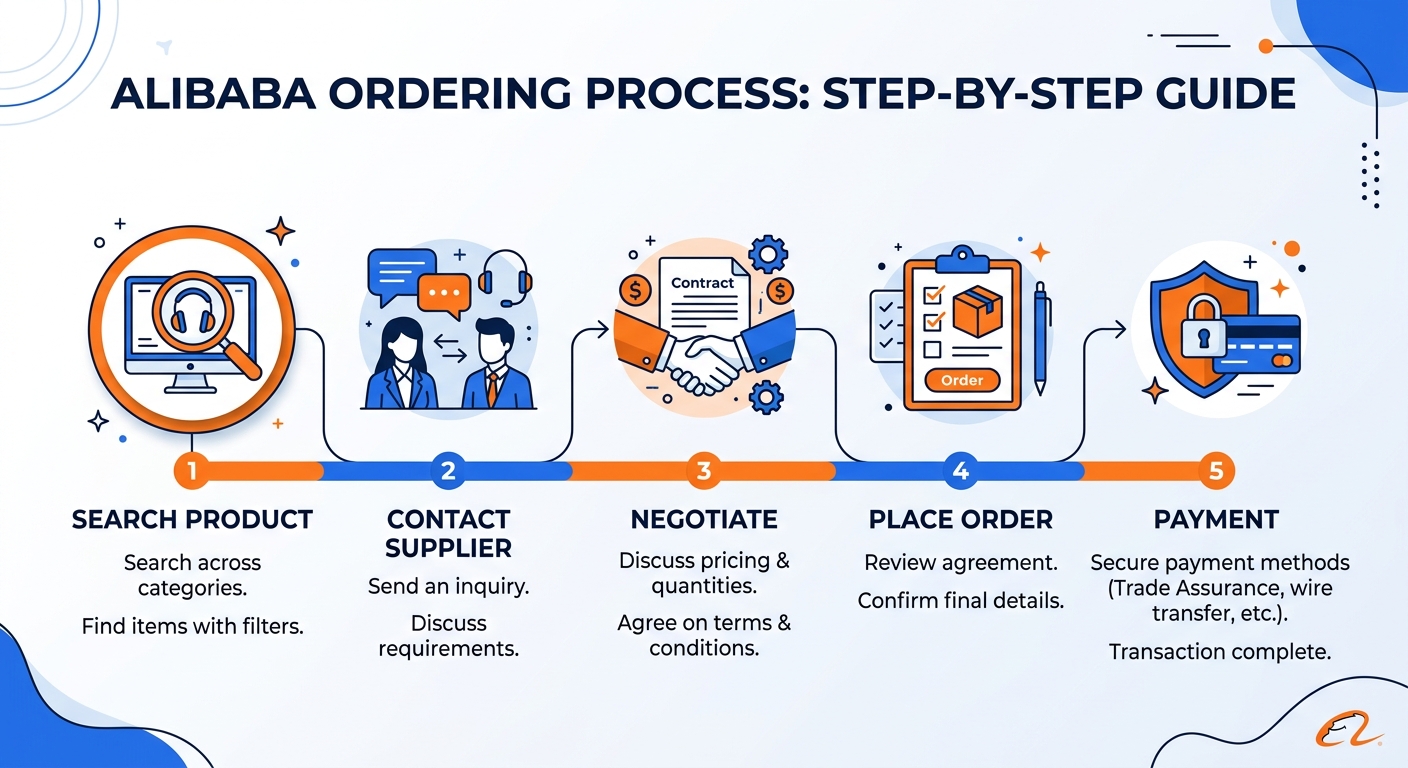 Step-by-step Alibaba ordering process infographic