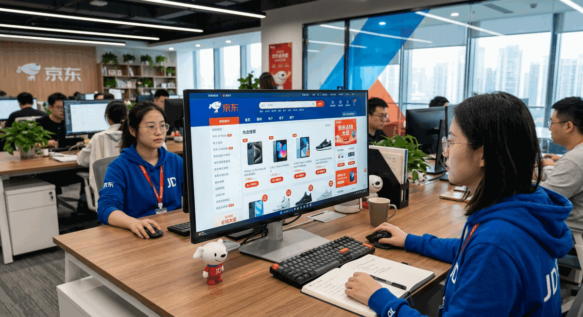 JD.com logo on computer screen with products