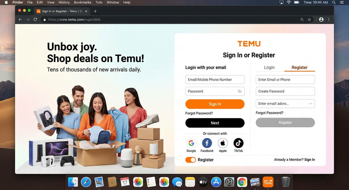 หน้าล็อกอิน Temu