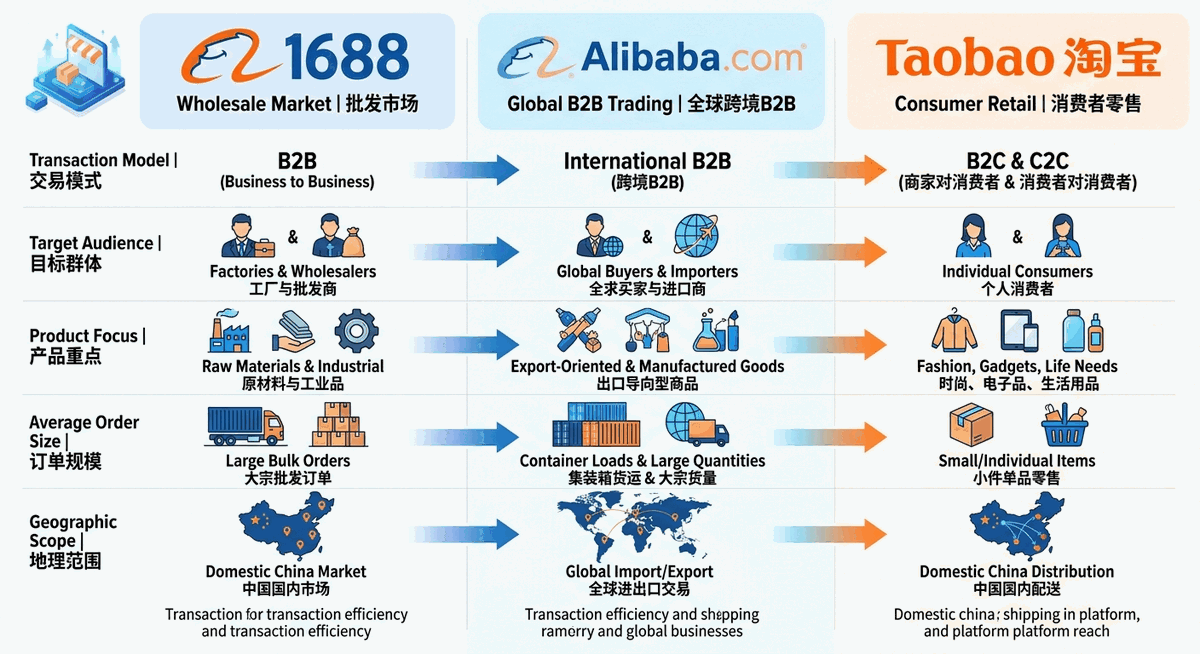 เปรียบเทียบโลโก้ 3 แพลตฟอร์ม 1688 Alibaba Taobao พร้อมความแตกต่างหลัก