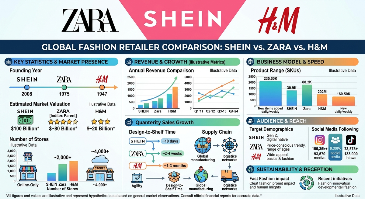 โลโก้ SHEIN และข้อมูลสถิติบริษัทเปรียบเทียบกับซาร่า/เอชแอนด์เอ็ม