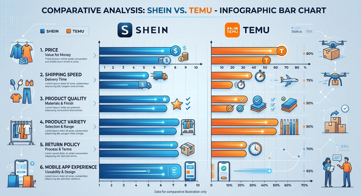 กราฟเปรียบเทียบ SHEIN กับ Temu ในหลายๆ ด้าน