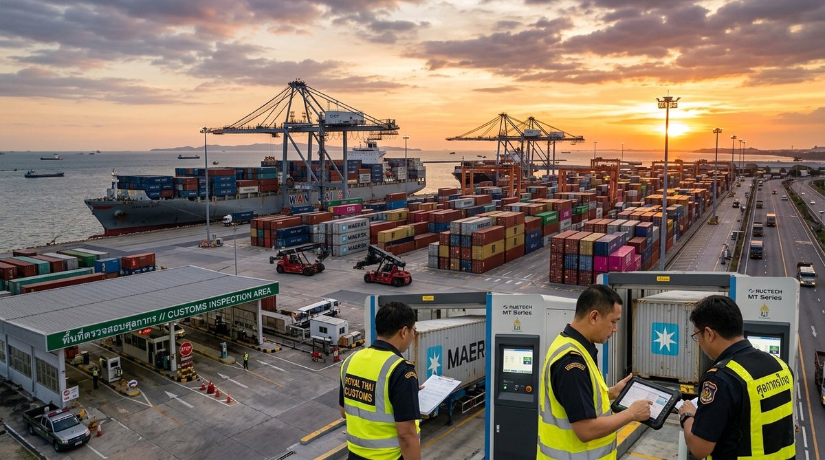 Professional logistics photograph of Thai port with shipping containers, customs inspection area, mo