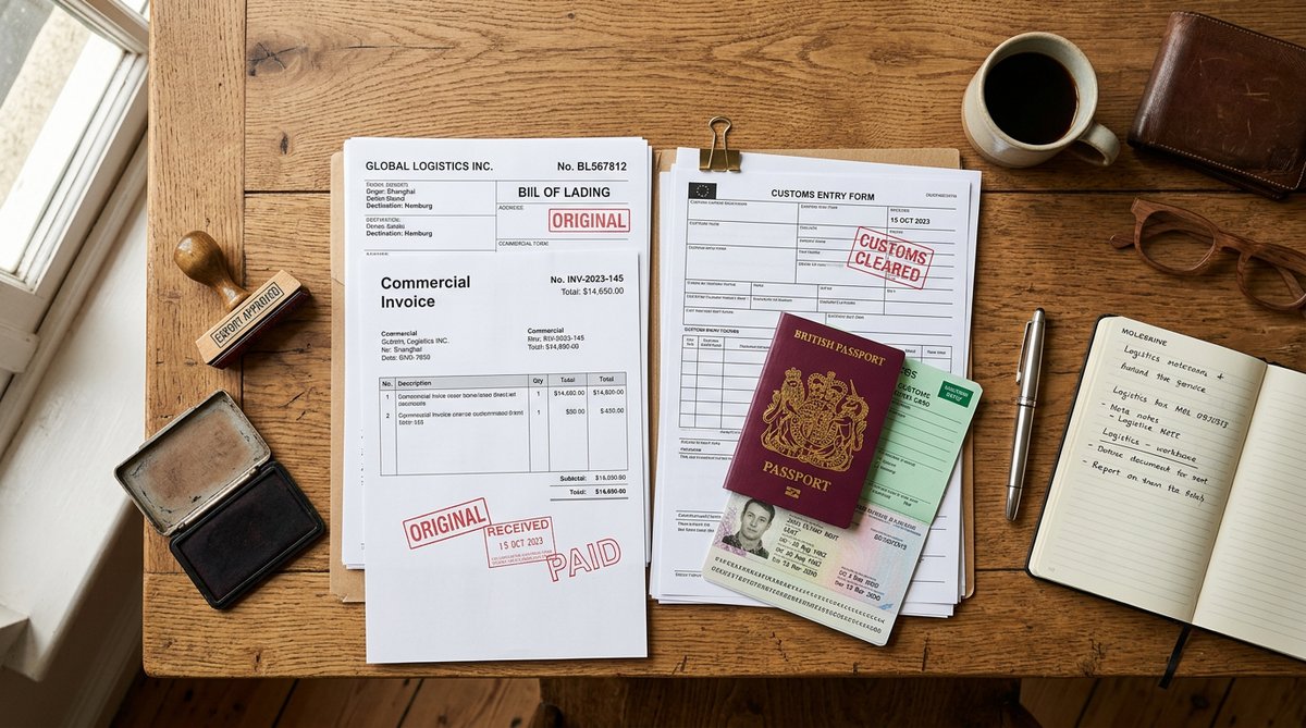 Top-down flat lay photograph of import export documents on wooden desk with stamps, invoices, bills