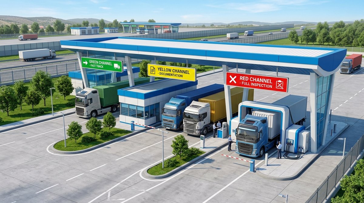 3D isometric render of cargo inspection lanes at border crossing with green yellow red channel signs