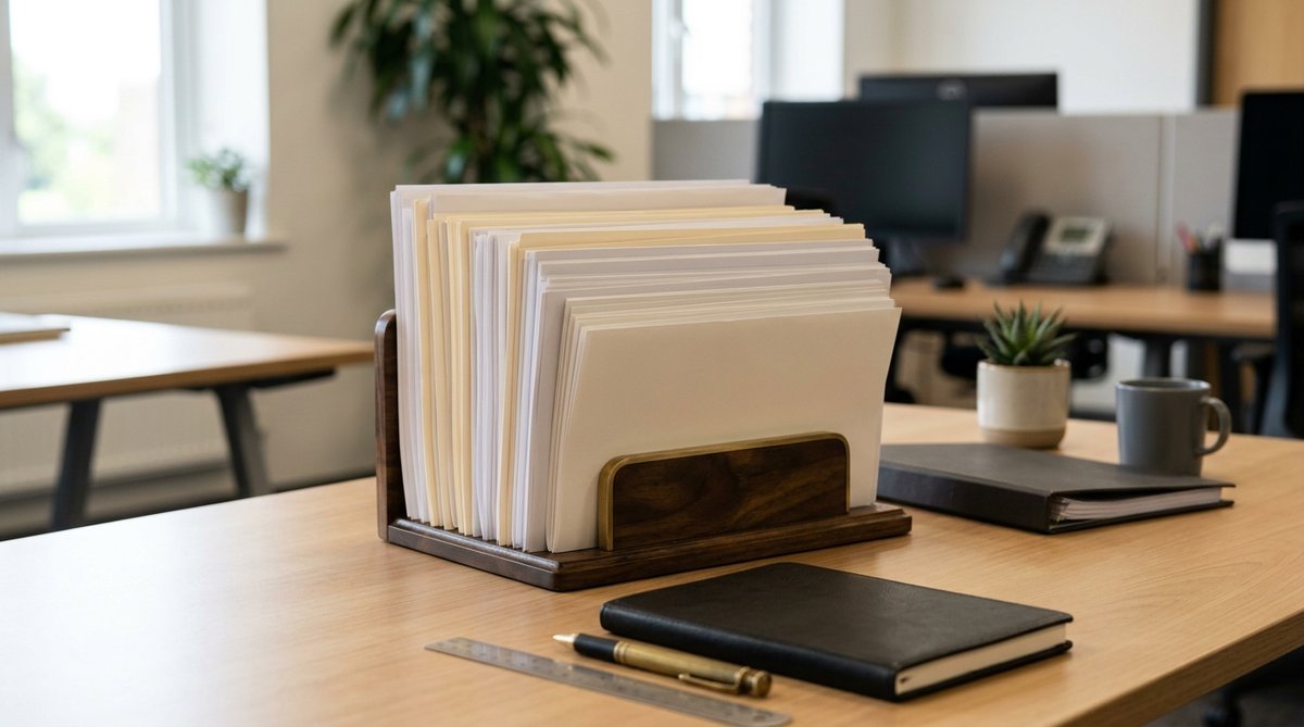 Photograph of organized stack of shipping documents on a clean office desk, invoices packing lists a