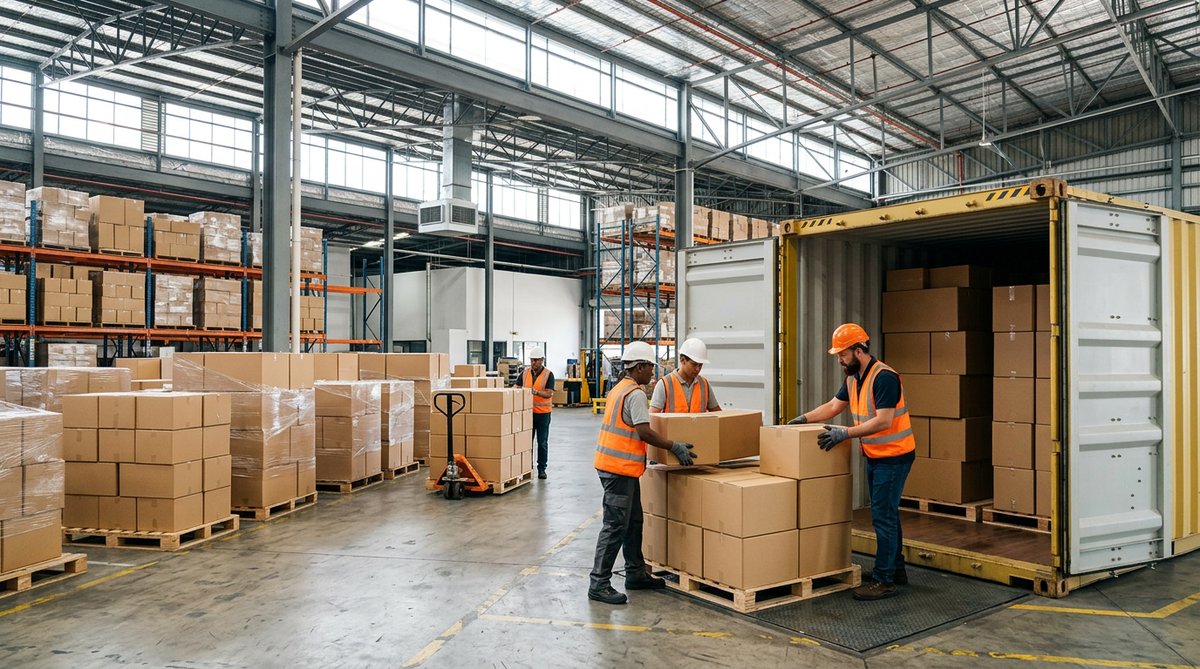 Photograph of industrial warehouse with workers carefully loading boxes into large shipping containe