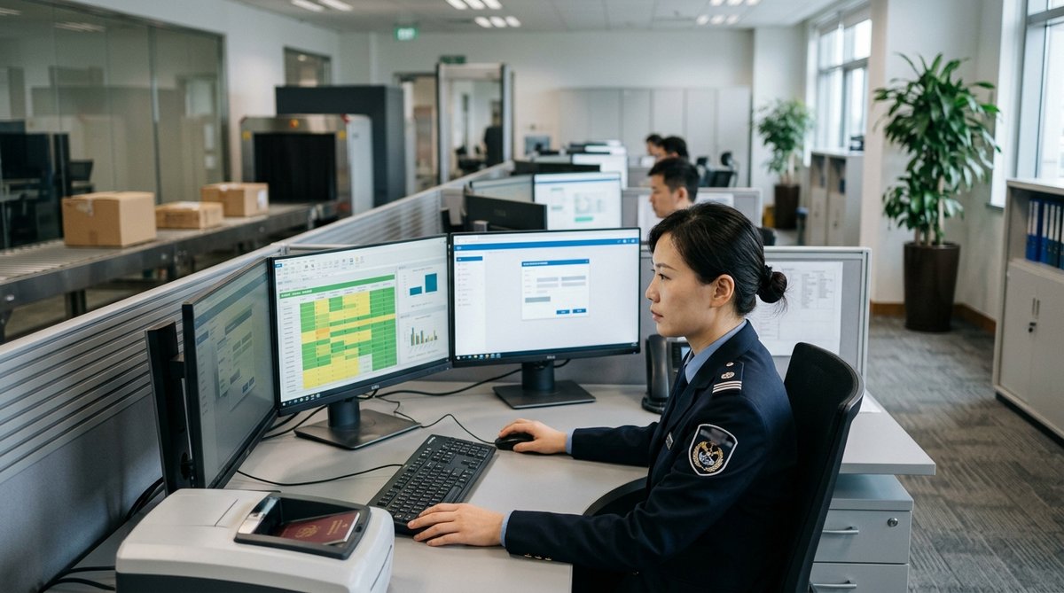 Photograph of customs officer at modern workstation with multiple computer monitors showing cargo de