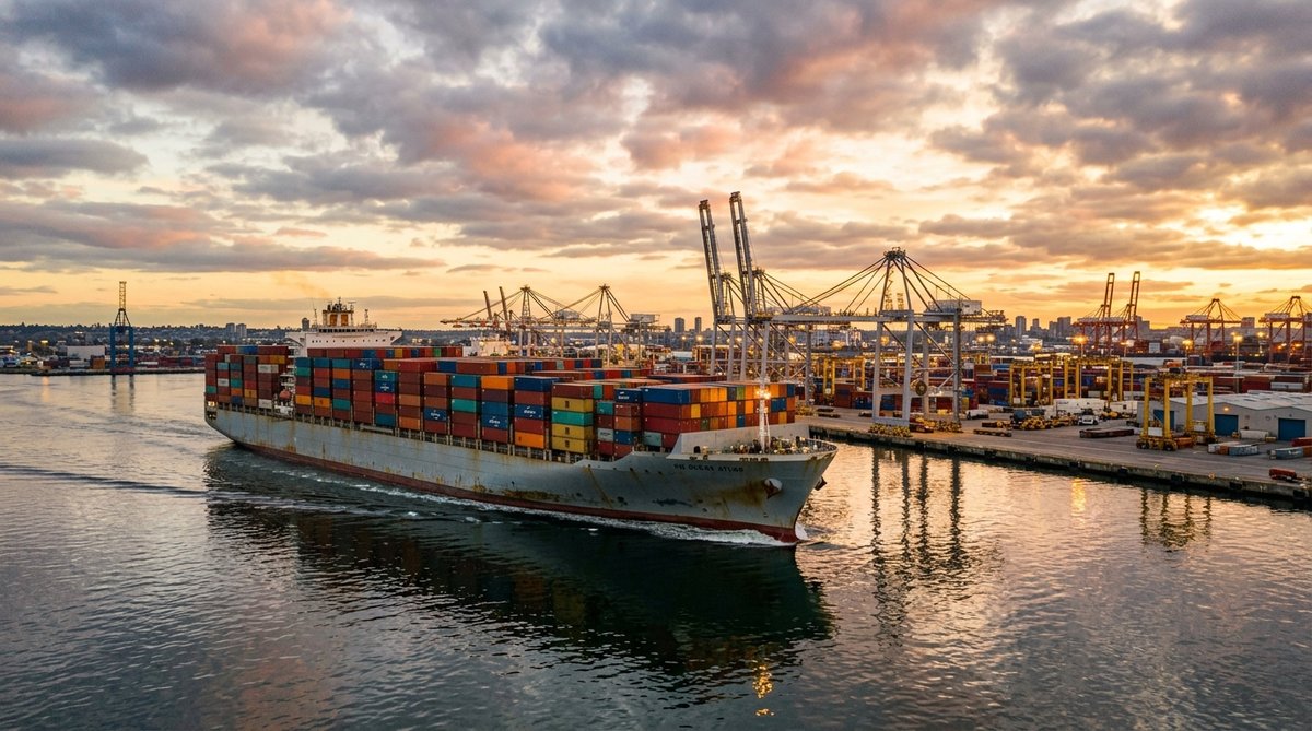 Photograph of massive container ship loaded with colorful containers departing from port at golden h