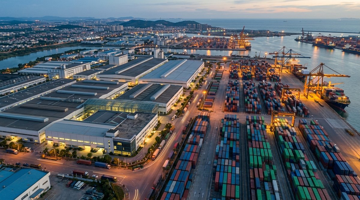 Photograph of aerial view of modern manufacturing factory near cargo port, shipping containers arran