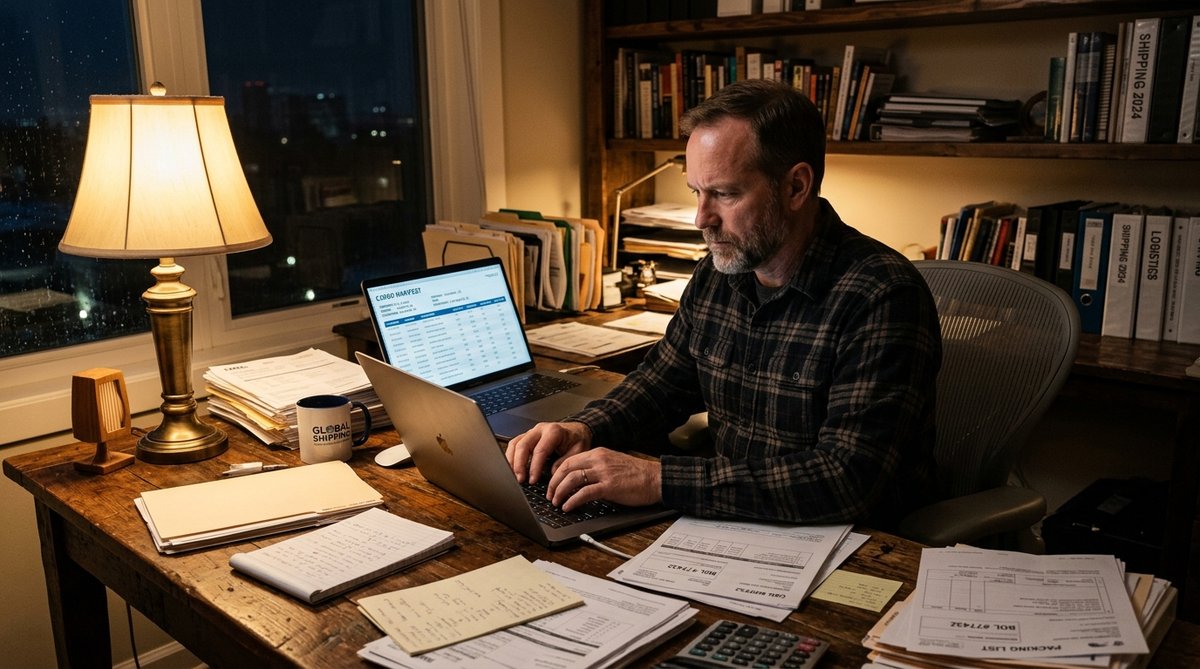 Man working at desk with laptop showing cargo manifest data on screen, surrounded by shipping docume