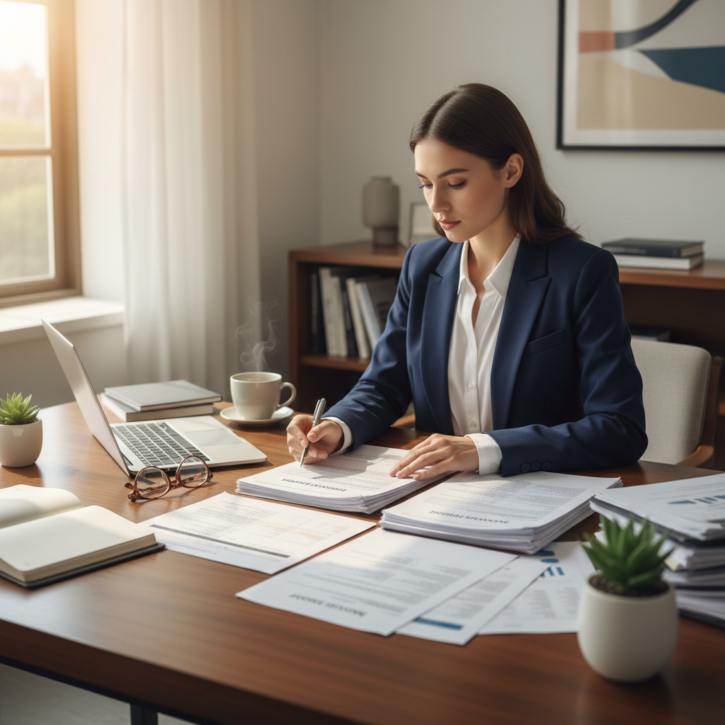 Business woman reviewing import declaration forms on desk with laptop, paperwork and glasses, soft n
