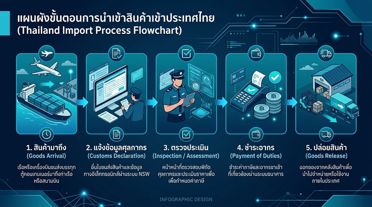 แผนผังขั้นตอนการนำเข้าสินค้าเข้าประเทศไทย เริ่มจากเรือหรือเครื่องบินขนส่งสินค้ามาถึงท่า → แจ้งข้อมูล
