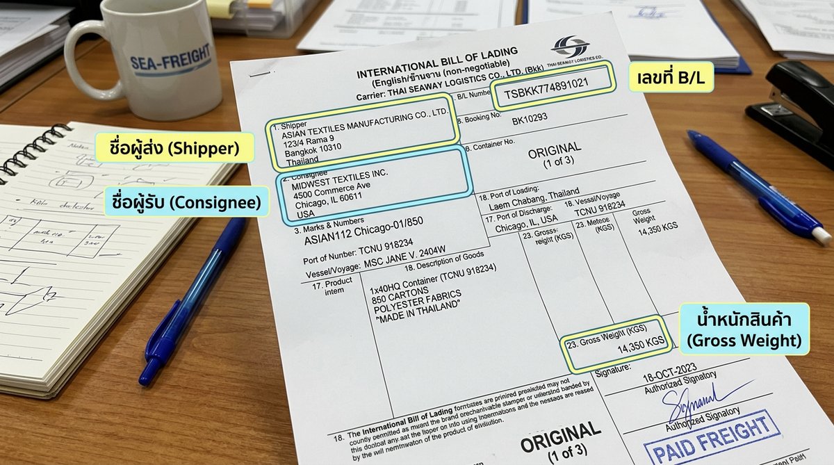 ตัวอย่าง Airway Bill หรือ Bill of Lading ที่กรอกข้อมูลเรียบร้อยแล้ว มีกรอบ highlight แสดงจุดสำคัญ เช
