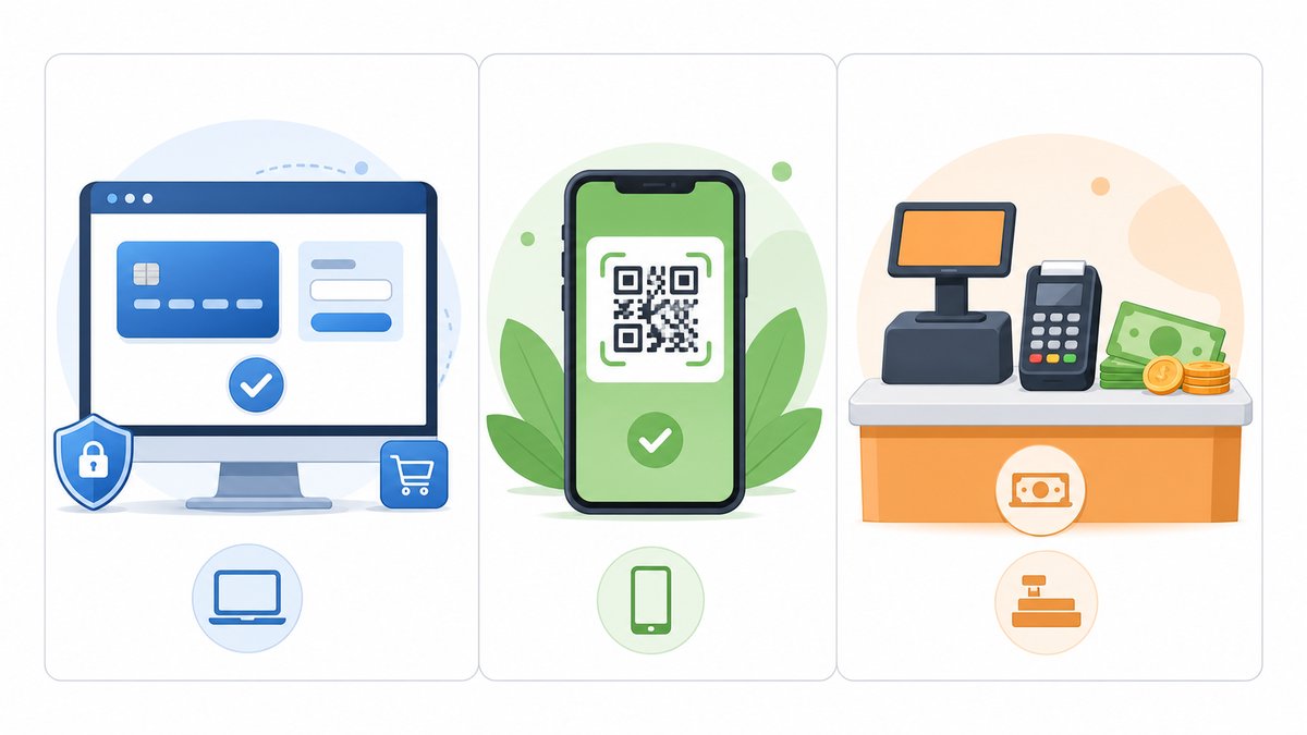 Professional comparison table illustration showing three payment channels side by side, with icons f