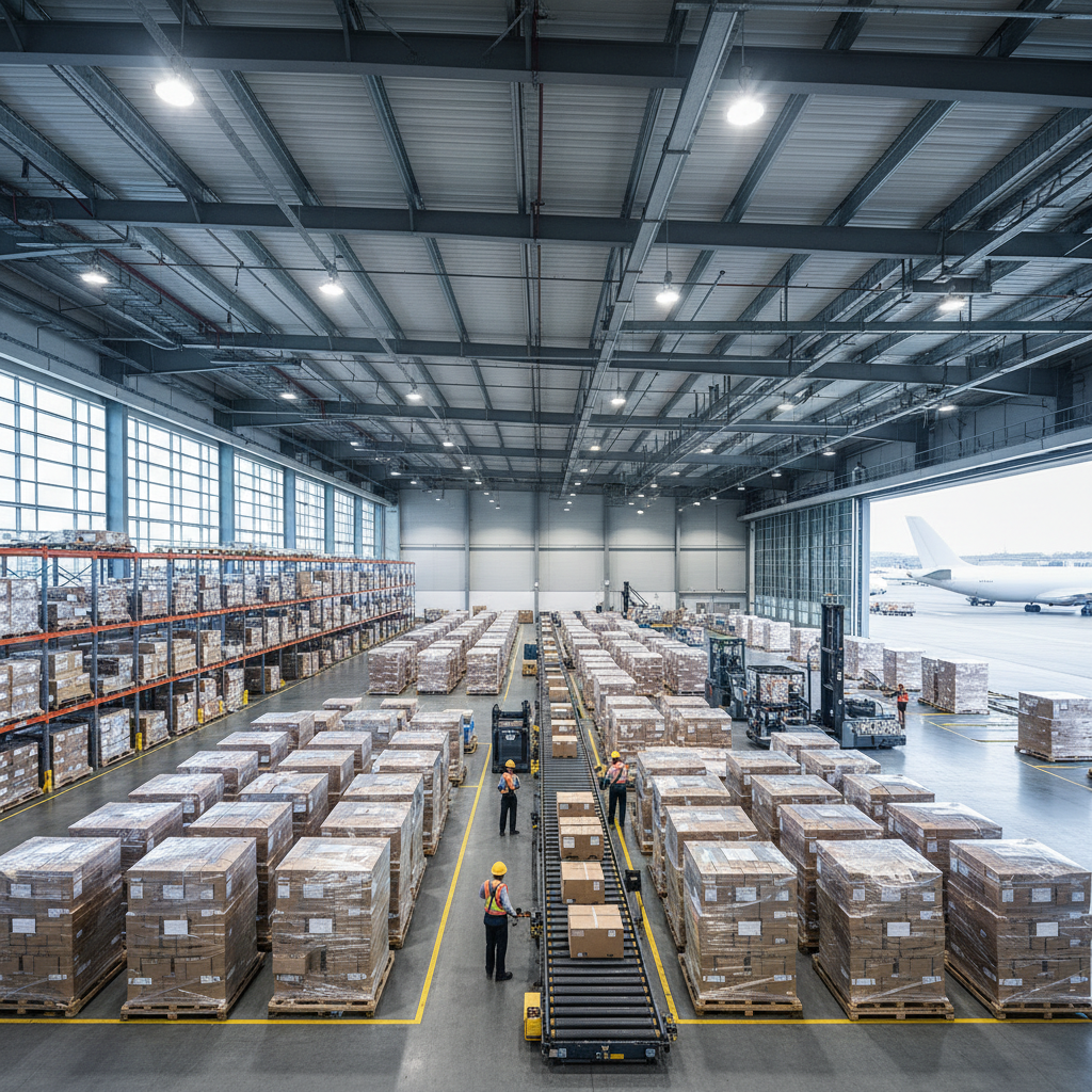 Airport cargo terminal warehouse with workers organizing packages, professional freight logistics se