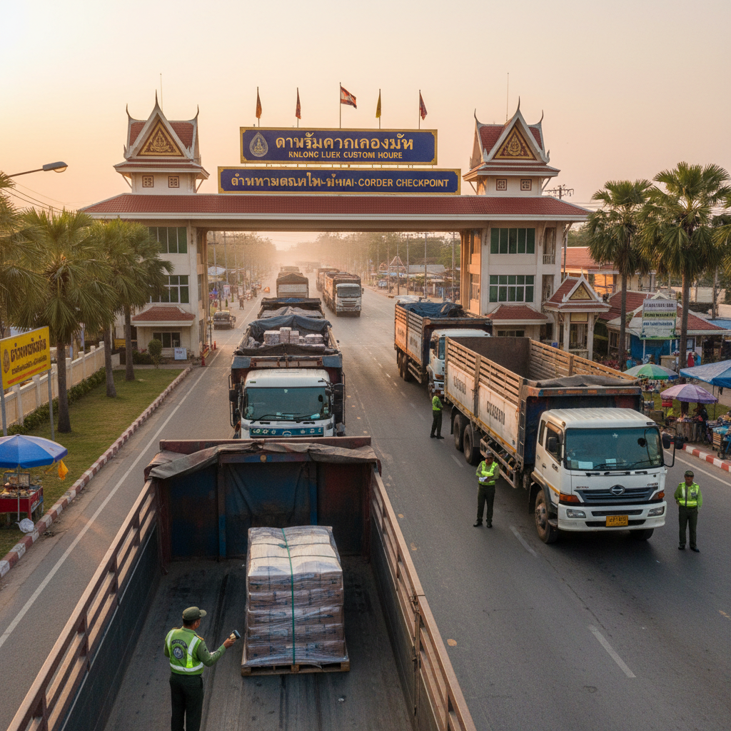 ภาพด่านศุลกากรข้ามแดนทางบกในประเทศไทย มีรถบรรทุกขนาดใหญ่จอดรอตรวจสอบสินค้าส่งออก มีเจ้าหน้าที่ศุลกาก