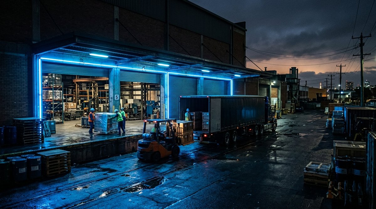 Dark industrial warehouse at night with cargo being loaded, blue neon glow lights, loading dock scen