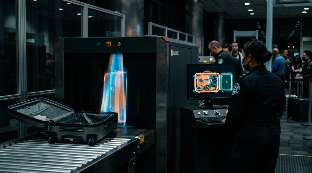 X-Ray machine scanner at airport customs, dark theme with scanning beam effect, security screening e