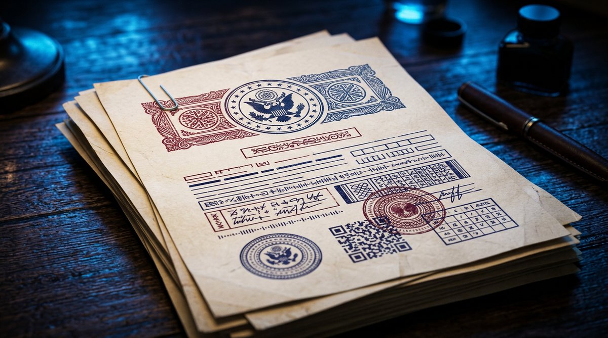 Close-up of customs document with official stamp, dark background with glowing blue highlights, lega