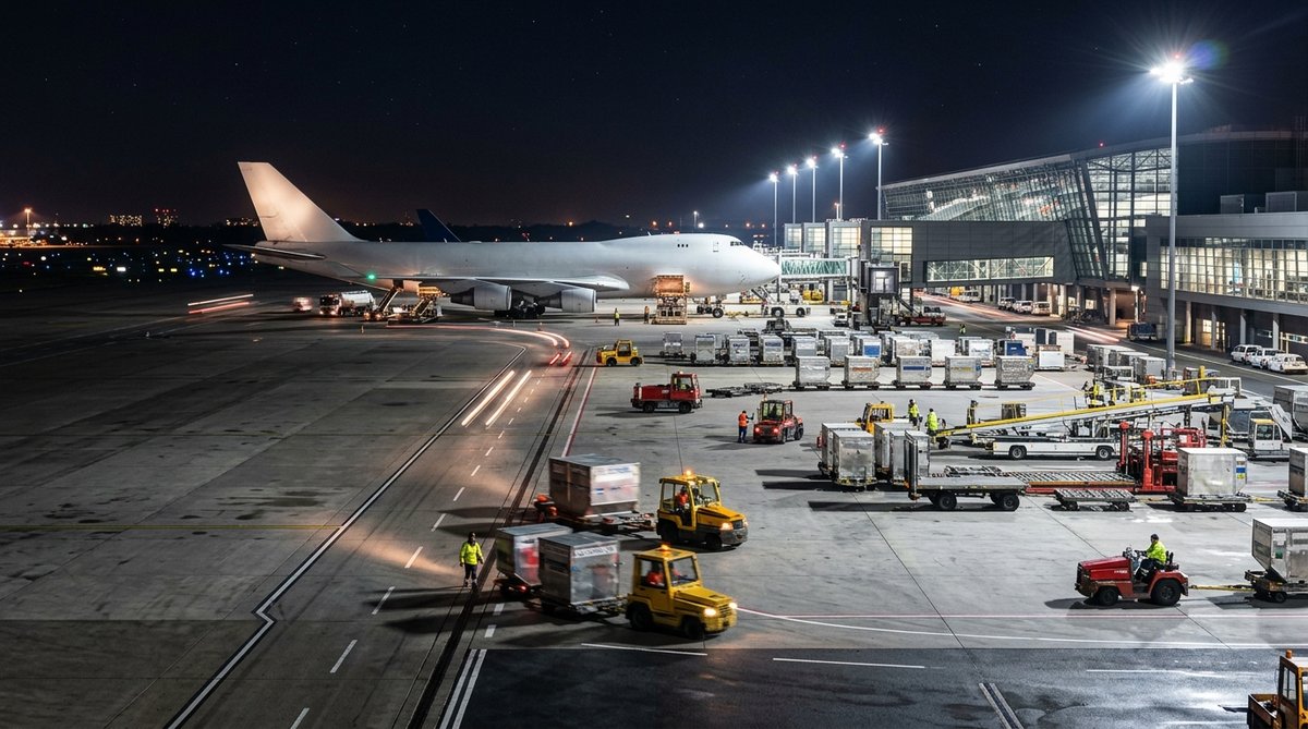 Modern air cargo terminal at night, aircraft in background with dramatic lighting, cargo handling ar