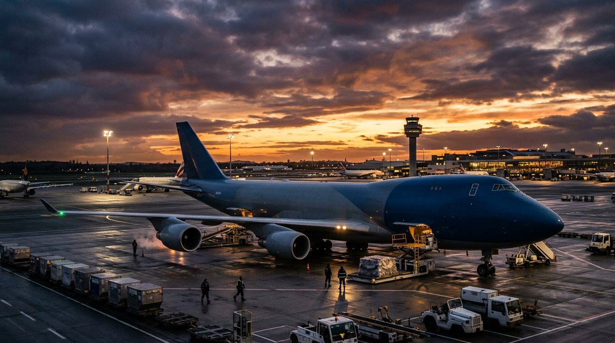 Cargo aircraft at airport, dramatic lighting, NO text