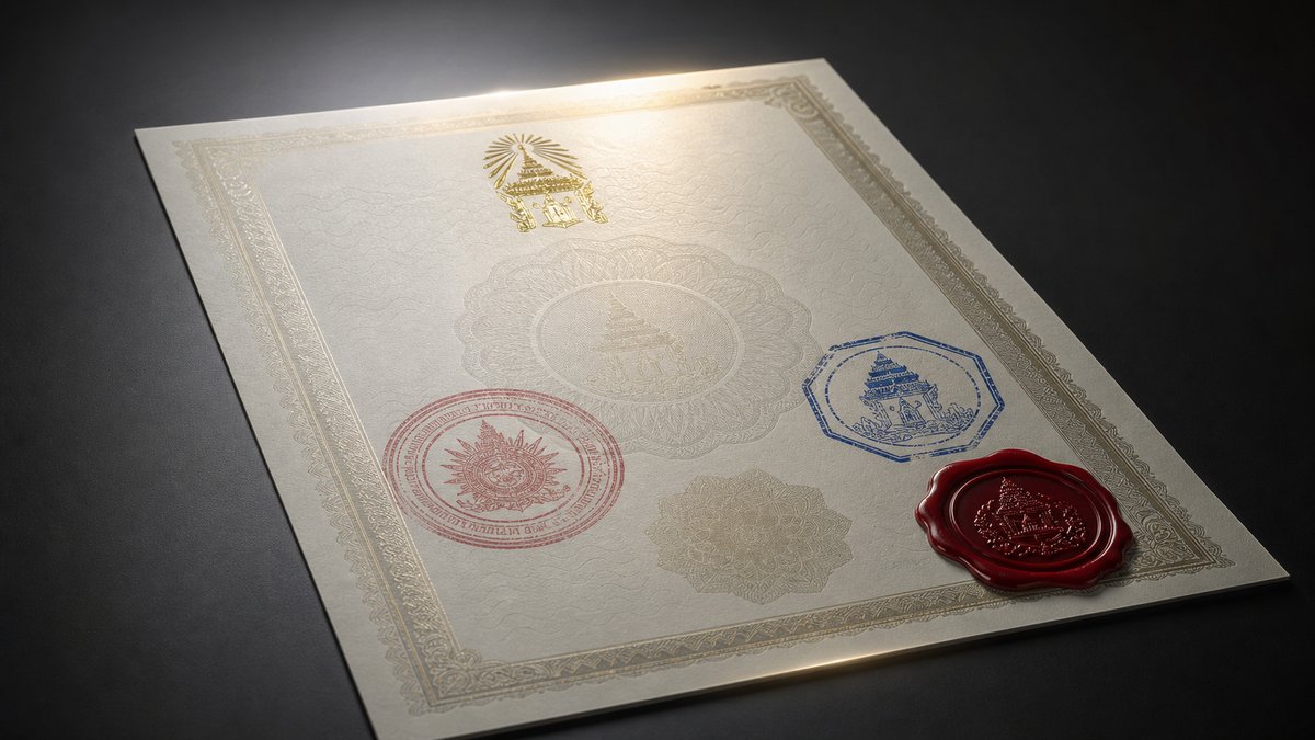 Glossy official document with Thai customs stamps and seals, clean dark background, subtle glow, pro