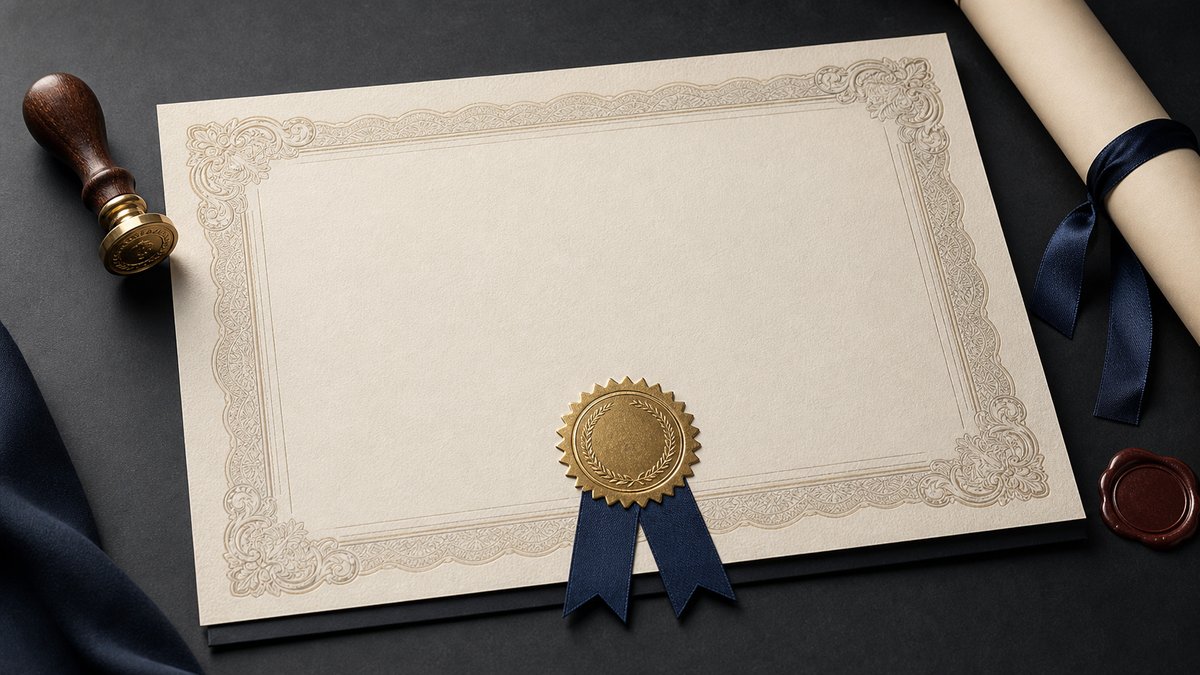 Certificate of Origin document with official seal, elegant formal style, soft lighting on dark surfa
