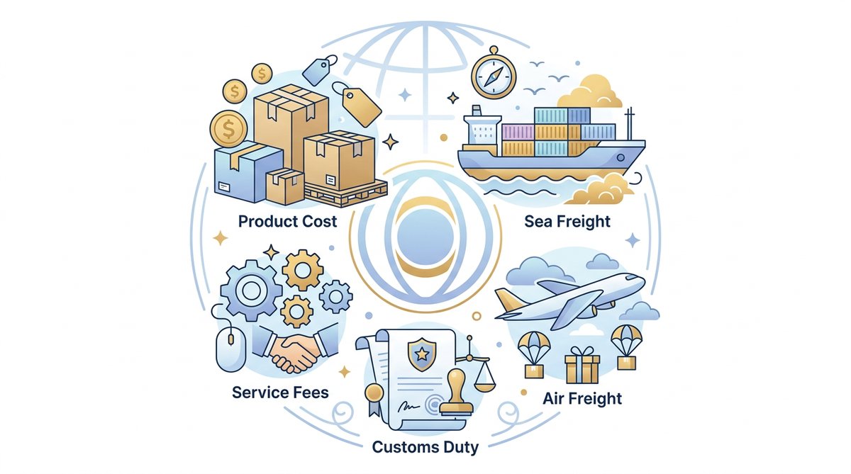 Clean flat illustration showing shipping cost categories for China-Thailand trade: five distinct ico