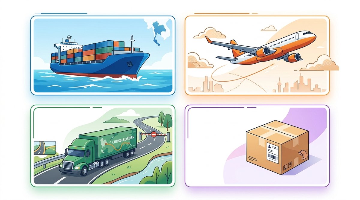 Editorial illustration showing four shipping methods for China-Thailand trade: a large cargo ship at