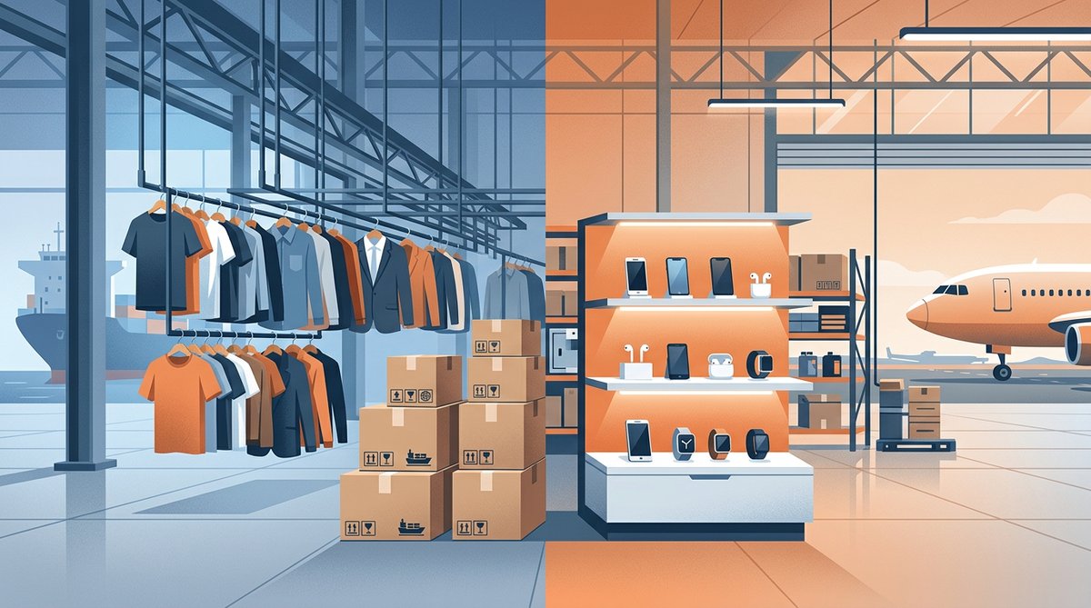 Clean editorial illustration showing two import scenarios side by side: left side features clothing