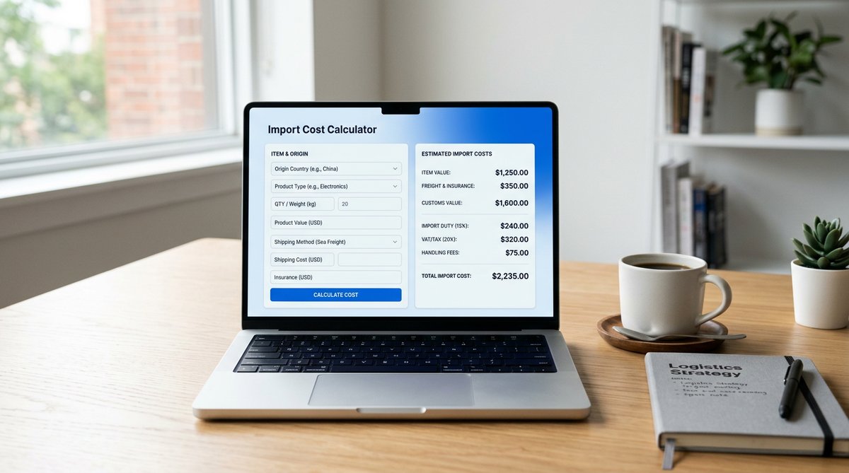 Software product illustration showing an import cost calculator interface displayed on a laptop scre