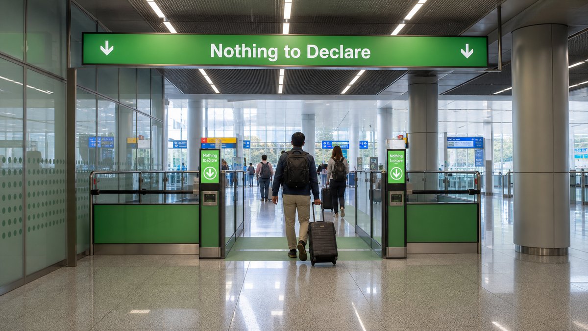 Green Line customs channel at international airport, green sign reading Nothing to Declare, passenge