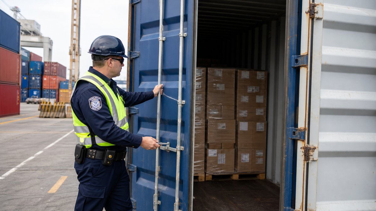Red Line customs inspection at seaport, customs officer opening shipping container to inspect goods,