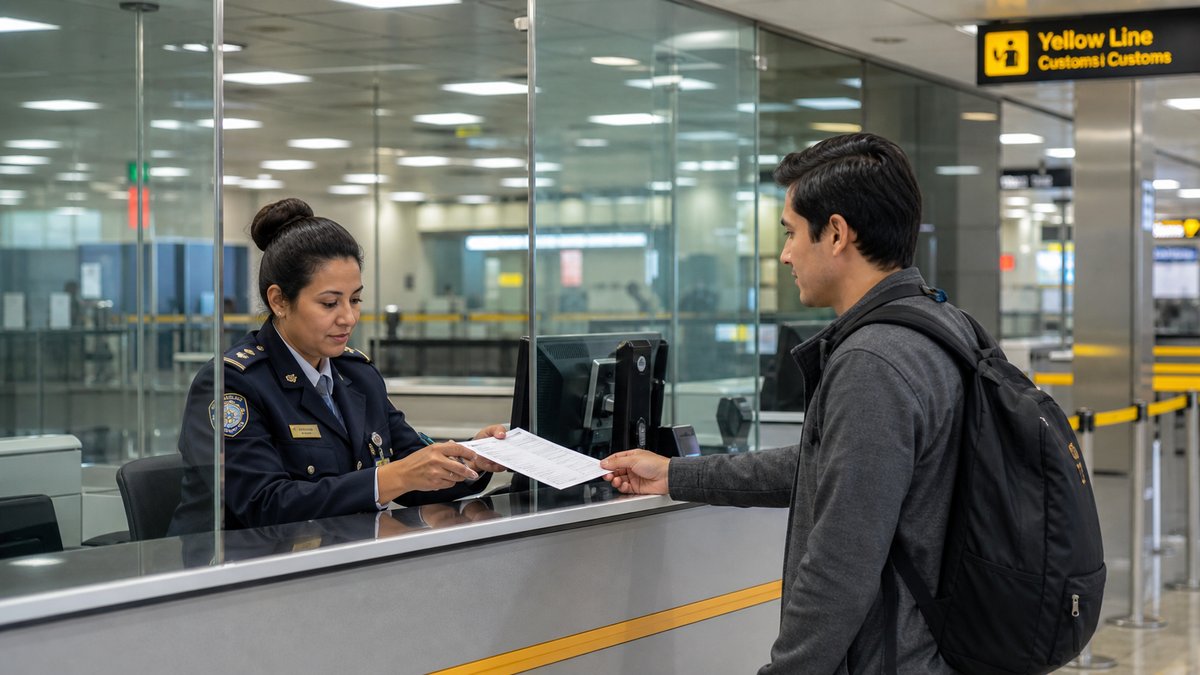 Yellow Line customs counter at international airport, customs officer reviewing documents and paperw