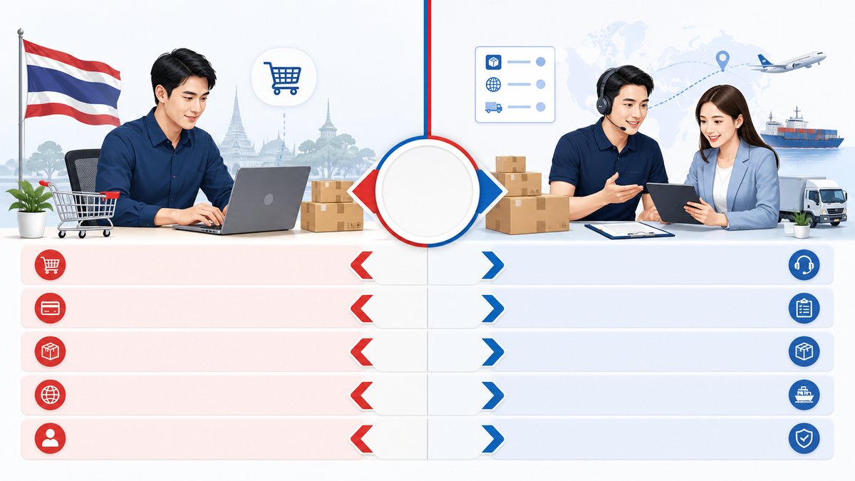 Professional comparison table illustration, left side showing Thailand buyer with laptop ordering di