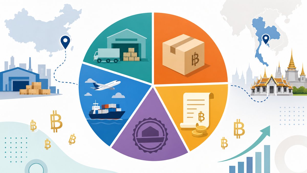 Financial infographic showing cost breakdown for 1688 direct purchase to Thailand, pie chart style w
