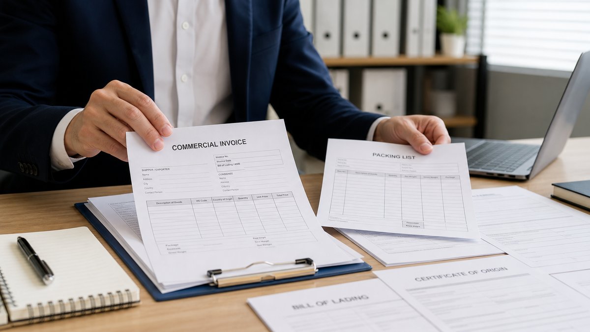 Business person arranging export documents on desk, commercial invoice and packing list papers organ
