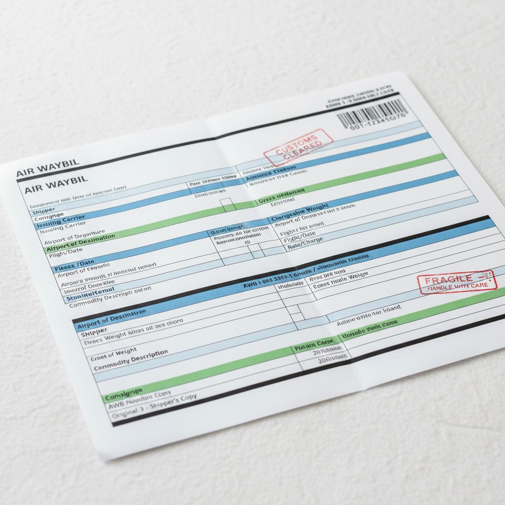 Air Waybill shipping document close-up on light surface, professional document photography, clean wh