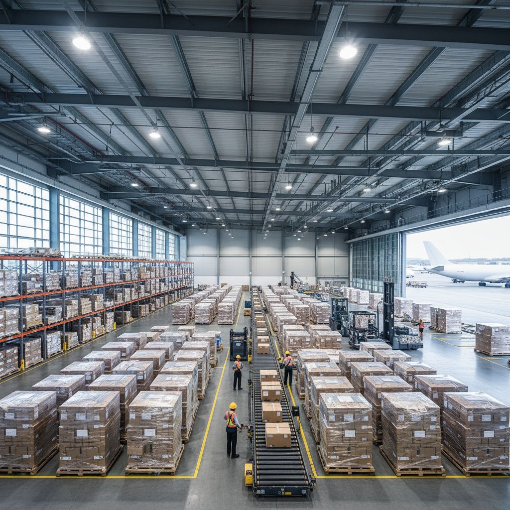 Airport cargo terminal warehouse with workers organizing packages, professional freight logistics se