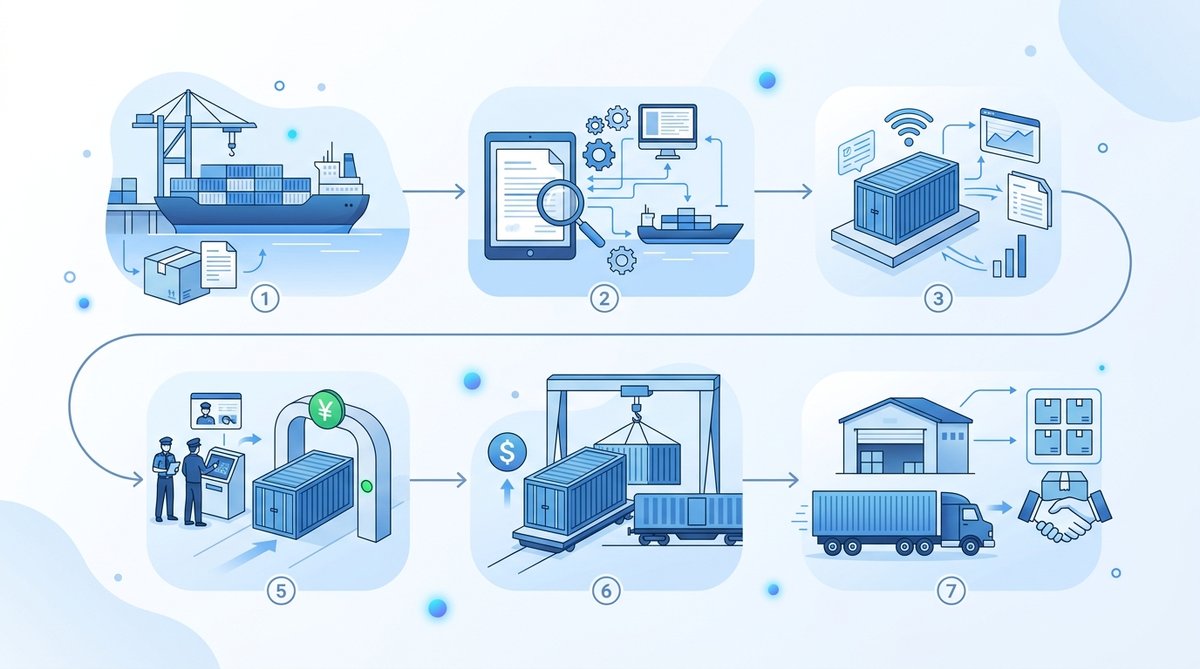 Unsplash-style flat illustration, workflow diagram showing 7 steps of sea import customs process, nu